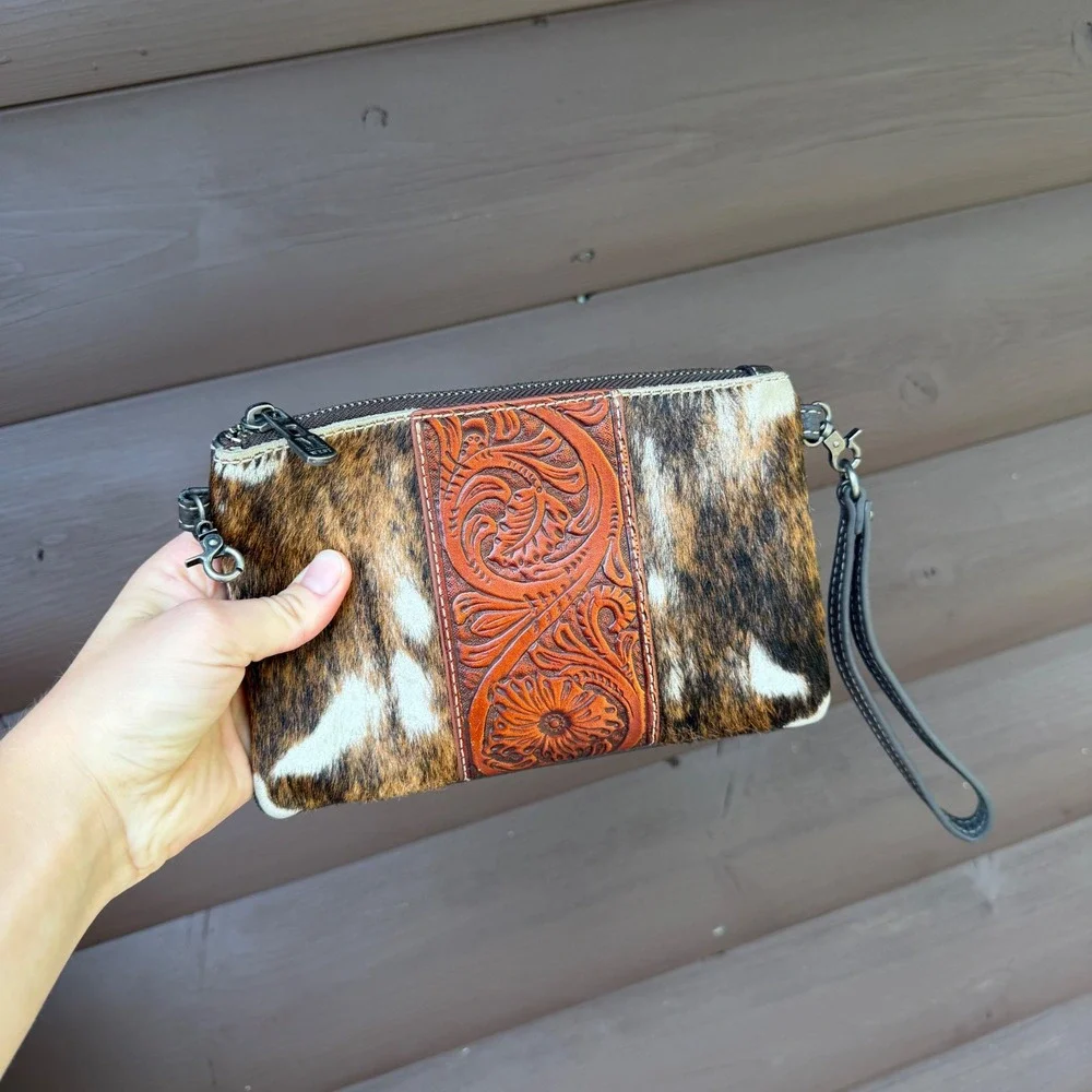 Montana West Wristlet Clutch Women Brown Cowhide Tooled Leather Floral Western